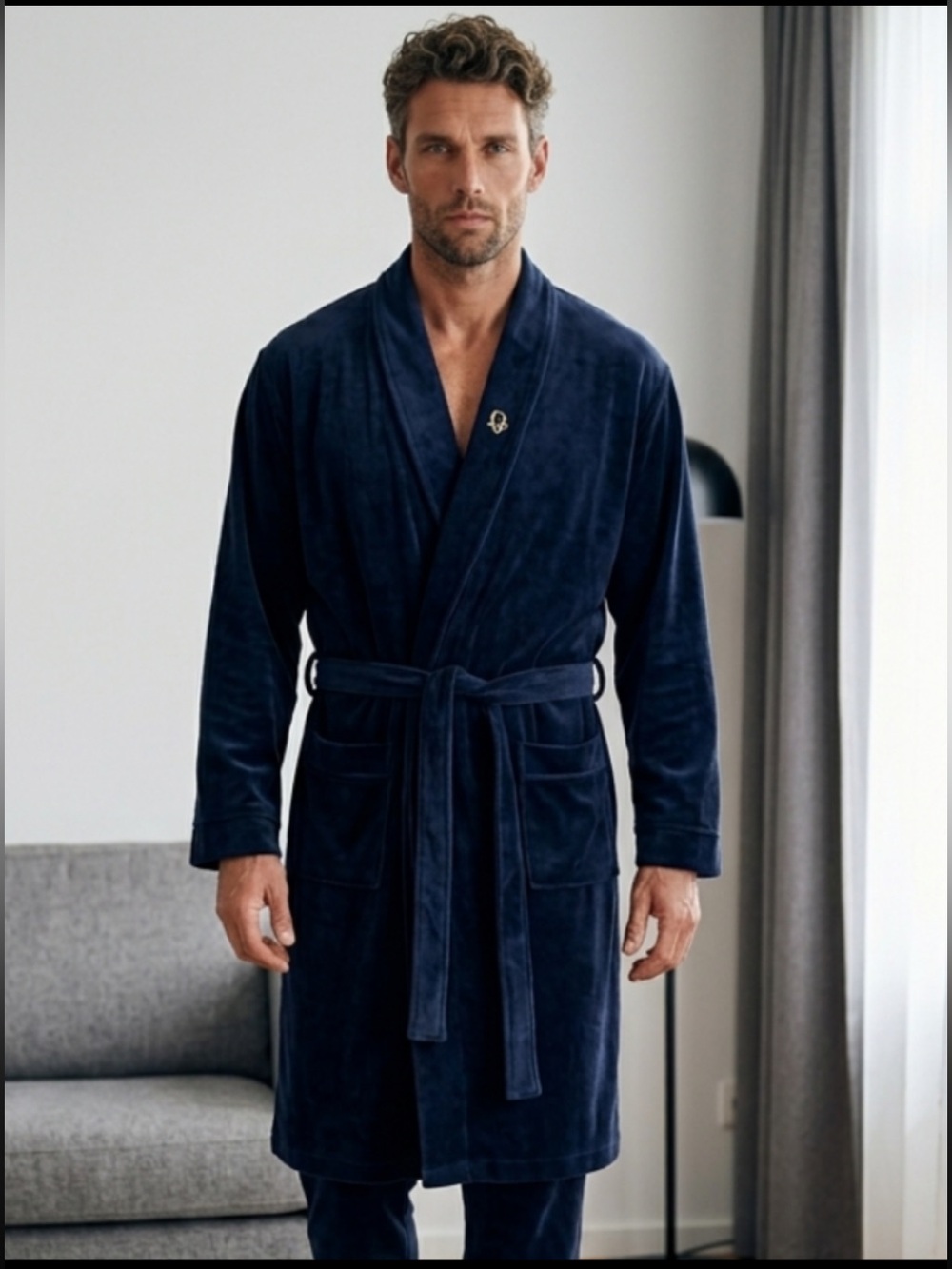 CHRISTIAN DIOR Monsier Vintage Men’s Robe Navy Blue Logo Velour One Size
